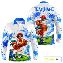 Load image into Gallery viewer, Men's funny rooster golfer golf polo shirt mockup blue splatter golf apparel