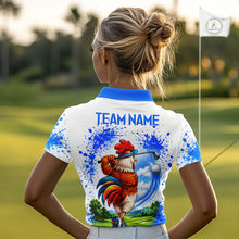 Load image into Gallery viewer, Woman wearing rooster golfer golf polo shirt on golf course
