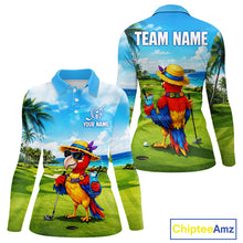 Load image into Gallery viewer, Women's funny parrot golf polo shirt mockup tropical summer golf apparel