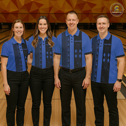 Bowling team wearing matching Retro Blue Argyle jerseys, vintage-inspired tournament uniforms, retro bowling culture, classic team sports apparel.