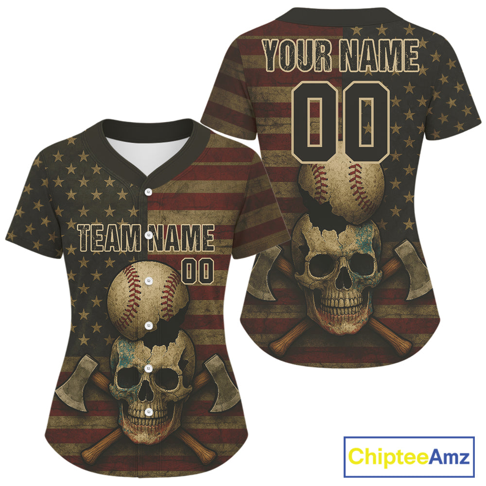 Custom US Flag Skull Grunge Baseball Shirt For Women Patriotic Baseball Tournament Jerseys NYN1394