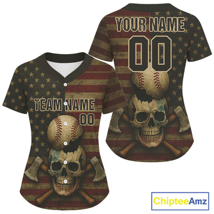 Custom US Flag Skull Grunge Baseball Shirt For Women Patriotic Baseball Tournament Jerseys NYN1394
