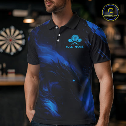 Personalized Black And Blue Flames Dragon Dart Polo Shirts For Men Dart Team Jerseys NYN2188