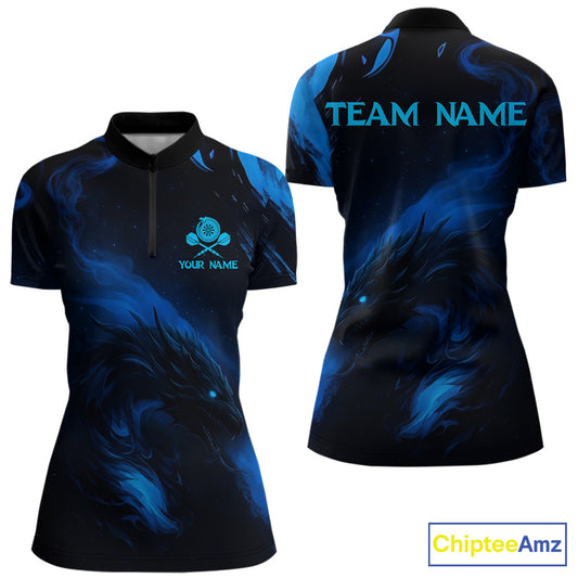 Personalized Black And Blue Flames Dragon Dart Quarter-Zip Shirts For Women Dart Team Jerseys NYN2188