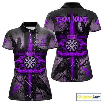Personalized Raven Purple Flames Crown Darts Polo Shirts For Women Cross Dart Gothic Jerseys NYN2195