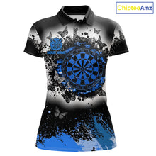 Load image into Gallery viewer, Women's white blue black grunge butterfly dart polo shirt mockup custom dart team jersey