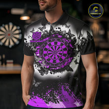 Load image into Gallery viewer, Man wearing white purple black butterfly dart shirt custom dart uniform mockup