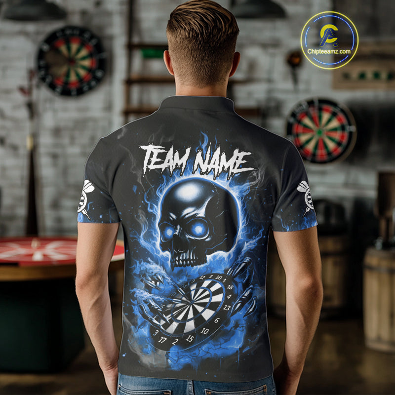 Custom Fire Flame Dartboard Lightning Blue Skull Dart Men Polo Jerseys Dart Team Shirt NYN1674