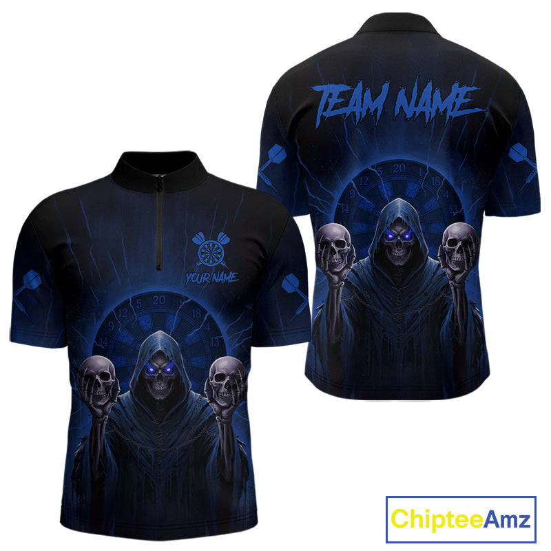 Custom Blue Grim Reaper Grey Skull Dartboard Men Darts Quarter-Zip Shirt Grunge Dart Jerseys NYN1937