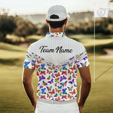 Load image into Gallery viewer, Butterfly Mens White Pattern Golf Polo Shirt Custom Name Floral Colorful Watercolor Golf Shirts NYN2846