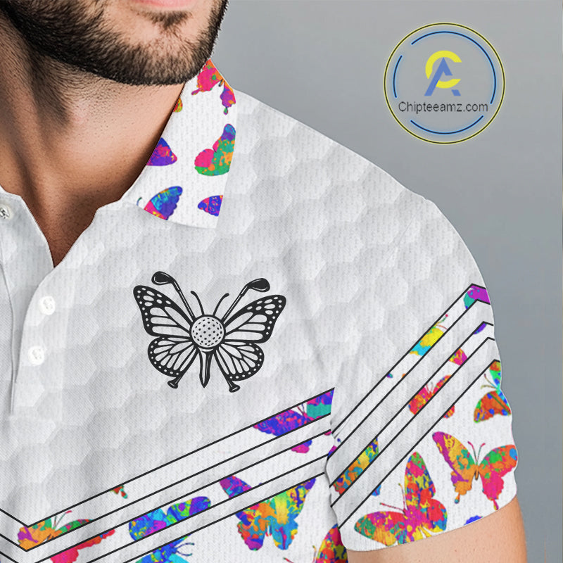 Butterfly Mens White Pattern Golf Polo Shirt Custom Name Floral Colorful Watercolor Golf Shirts NYN2846
