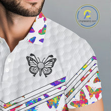 Load image into Gallery viewer, Butterfly Mens White Pattern Golf Polo Shirt Custom Name Floral Colorful Watercolor Golf Shirts NYN2846