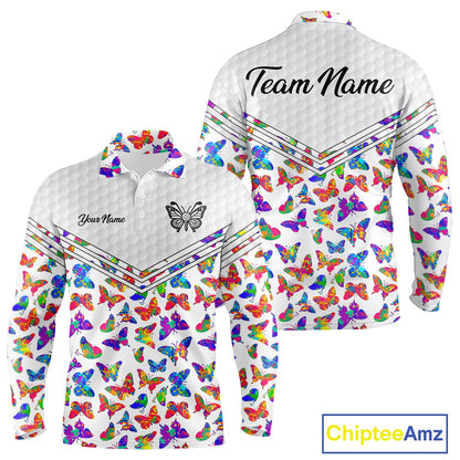 Butterfly Mens White Pattern Golf Polo Shirt Custom Name Floral Colorful Watercolor Golf Shirts NYN2846
