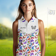Load image into Gallery viewer, Butterfly Womens White Pattern Golf Sleeveless Polo Shirt Custom Name Floral Colorful Watercolor Golf Shirts NYN2846