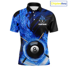 Load image into Gallery viewer, Personalized Blue 8 Ball Fire Flame Billiard Polo &amp; 1/4-Zip For Men 8 Ball Pool Team Jersey NYN2847