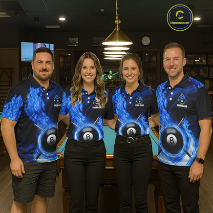 Personalized Blue 8 Ball Fire Flame Billiard Polo & 1/4-Zip For Women 8 Ball Pool Team Jersey NYN2847