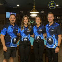 Load image into Gallery viewer, Personalized Blue 8 Ball Fire Flame Billiard Polo &amp; 1/4-Zip For Women 8 Ball Pool Team Jersey NYN2847