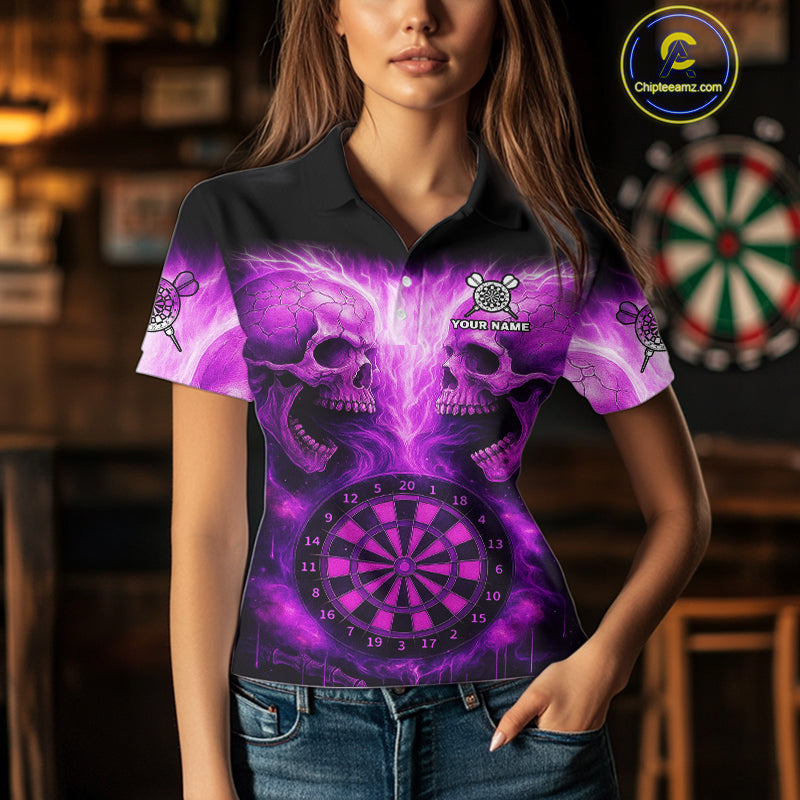 Electric Purple Skulls & Dartboard Darts Shirt For Women - Custom Dart Player Jersey NYN0539