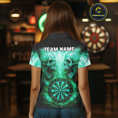 Electric Green Skulls & Dartboard Women's Darts Shirt - Custom Name For Players NYN0541