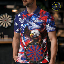 Load image into Gallery viewer, Male dart player wearing Smoke American Flag custom dart shirt, professional dart league apparel and tournament jersey
