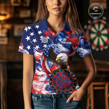Load image into Gallery viewer, Female dart player wearing Smoke American Flag custom dart shirt, professional dart league apparel