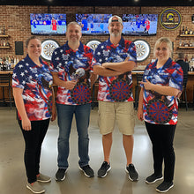 Load image into Gallery viewer, Men Women dart team wearing Smoke American Flag custom dart jerseys and matching team uniforms