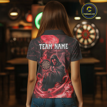 Custom Red Grim Reaper Fire Flames Dart Women Polo Jerseys Outfits Skull Dart Shirt NYN1682