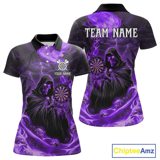 Custom Purple Grim Reaper Fire Flames Dart Women Polo Jerseys Outfits Skull Dart Shirt NYN1683