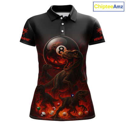 Fire Flame Dinosaur & Pool 8 Ball Women Billiard Team Shirt Custom Billiard Polo & 1/4-Zip Attire NYN2498
