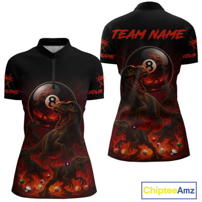 Fire Flame Dinosaur & Pool 8 Ball Women Billiard Team Shirt Custom Billiard Polo & 1/4-Zip Attire NYN2498