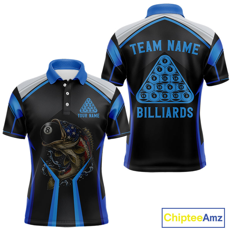 Funny Bass Hold Pool 8 Ball Men's Billiard Team Shirt Custom Billiard Polo & 1/4-Zip Attire|Blue NYN2500