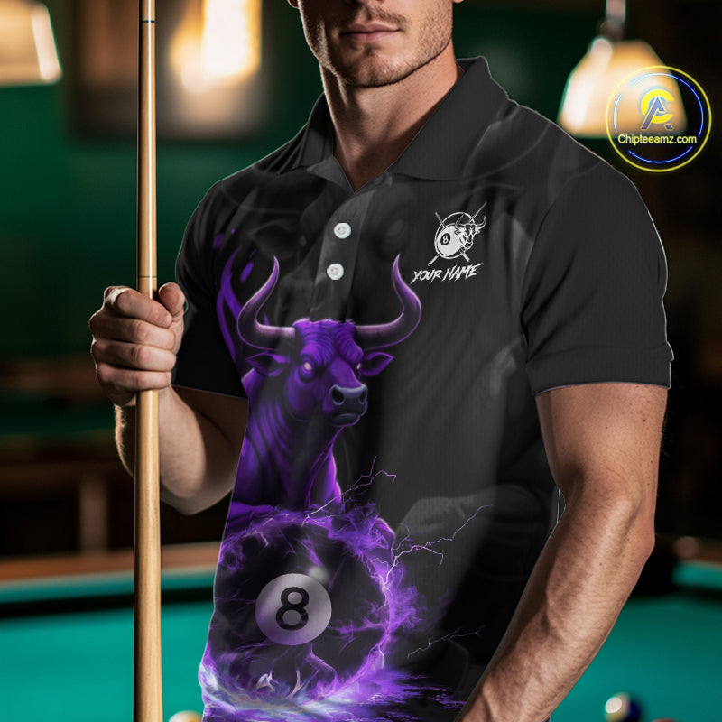 Black & Purple Flames Pool 8 Ball Men's Billiard Team Shirt Custom Funny Bull Billiard Attire NYN2502