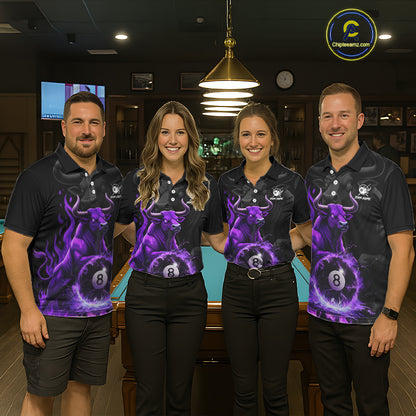 Black & Purple Flames Pool 8 Ball Men's Billiard Team Shirt Custom Funny Bull Billiard Attire NYN2502