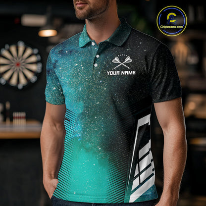 Custom Men's Darts Team Shirt With Cosmic Teal Gradient & Abstract Dartboards NYN0287