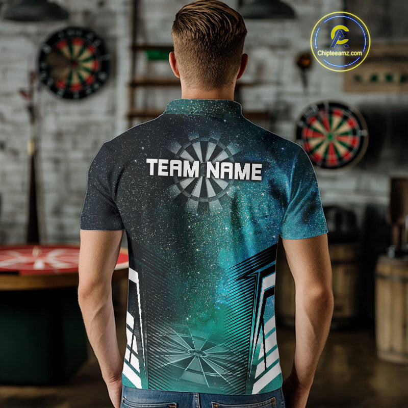 Custom Men's Darts Team Shirt With Cosmic Teal Gradient & Abstract Dartboards NYN0287