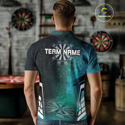 Custom Men's Darts Team Shirt With Cosmic Teal Gradient & Abstract Dartboards NYN0287