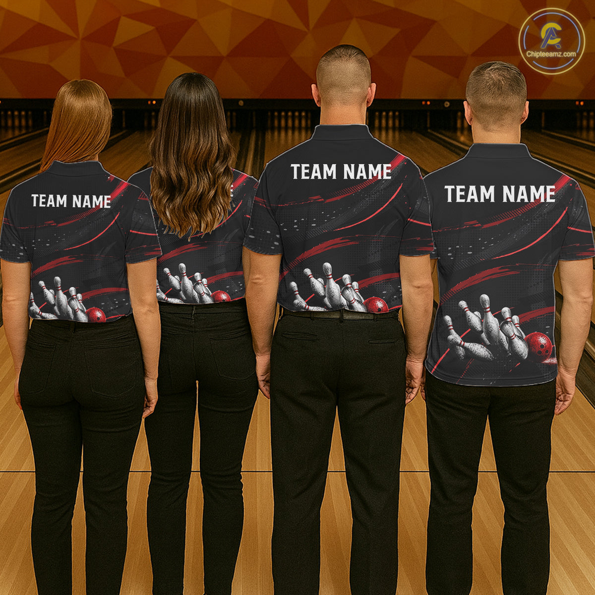 Black And Red Grunge Bowling Ball & Pins Jersey For Women Personalized Team Bowling Shirts NYN3227