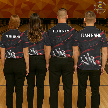 Black And Red Grunge Bowling Ball & Pins Jersey For Women Personalized Team Bowling Shirts NYN3227