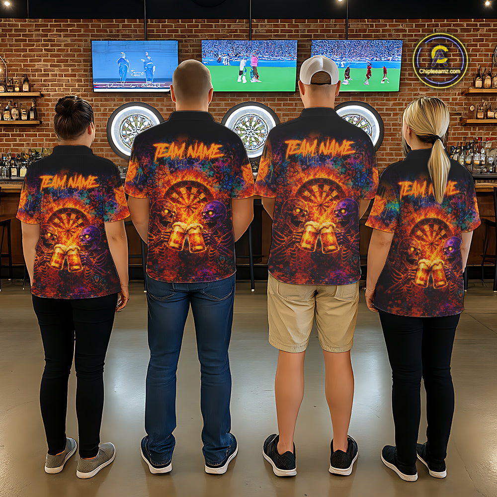 Funny Skeleton Cheer Beer Flame Women Darts Polo Shirt Custom Graffiti Dart Team Jerseys NYN2513