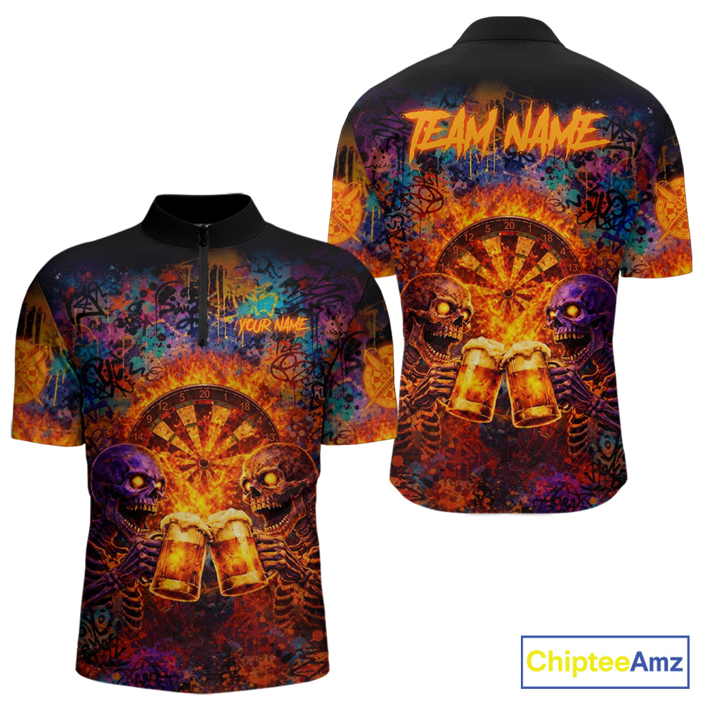 Funny Skeleton Cheer Beer Flame Men Darts Quarter-Zip Shirt Custom Graffiti Dart Team Jerseys NYN2513