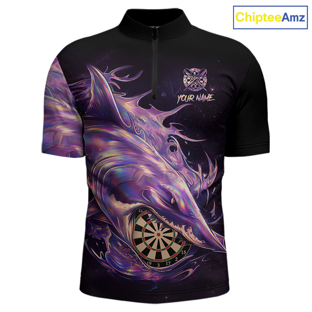 Personalized Pink Holographic Shark Men Darts 1/4-Zip League Shirts Funny Grunge Dart Jerseys NYN2707