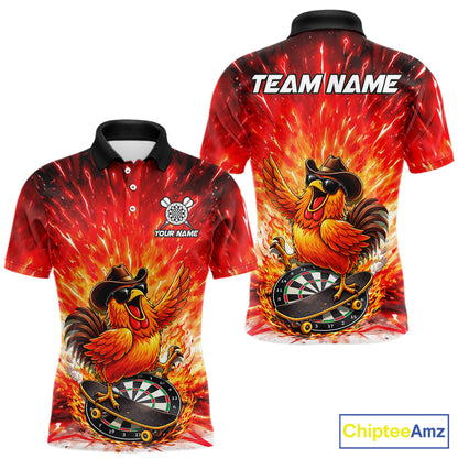 Mens Darts Funny Rooster Red Flames Polo Shirt Custom Name Polo Quarter Zip Shirt Gift For Darters NYN2857