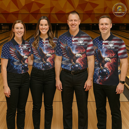 Personalized Fire Flame USA Flag Eagle Bowling Team Shirts For Women Outfits Patriotic Bowling Gifts NYN3073