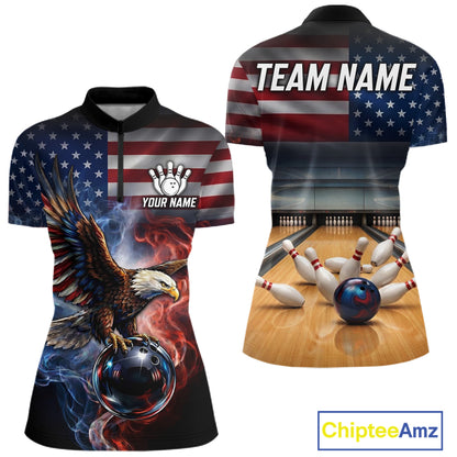 Personalized Fire Flame USA Flag Eagle Bowling Team Shirts For Women Outfits Patriotic Bowling Gifts NYN3073