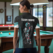 Load image into Gallery viewer, Female billiards player wearing Funny Alien 8 Ball turquoise galaxy pool jersey during league tournament, custom cue sports apparel