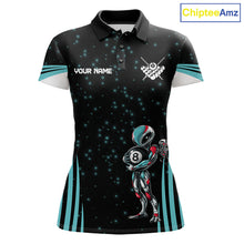 Load image into Gallery viewer, Funny Alien 8 Ball women's billiard polo shirt custom turquoise galaxy pool jersey, personalized billiards team uniform, 8 ball pool shirt, custom cue sports apparel