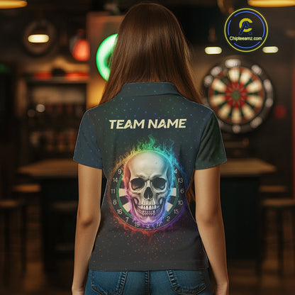 Custom Flames Skull Rainbow Dartboard Dart Women Polo Jerseys Colorful Dart Team Shirt NYN1697