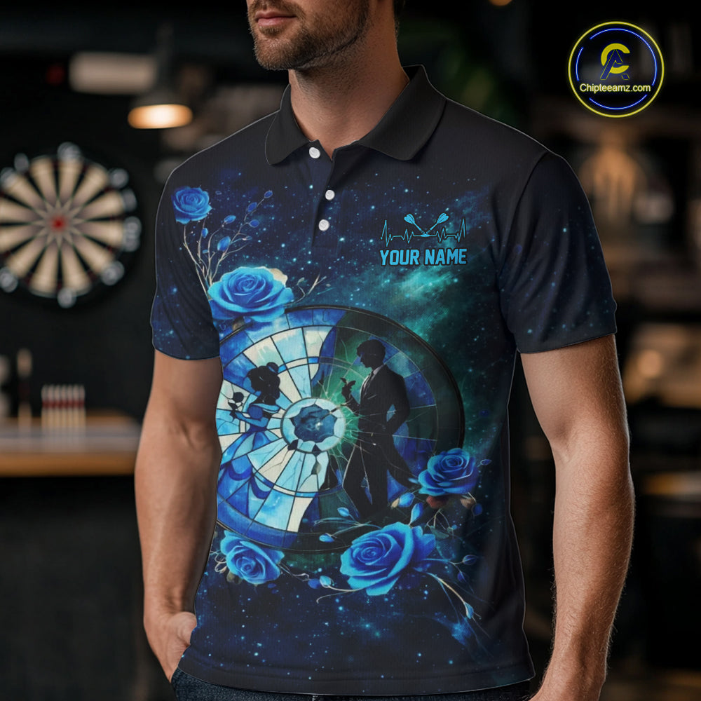 Blue Galaxy Roses Groom & Bride Dartboard Men Darts Polo Shirt Custom Valentine Dart Couple Gifts NYN2516