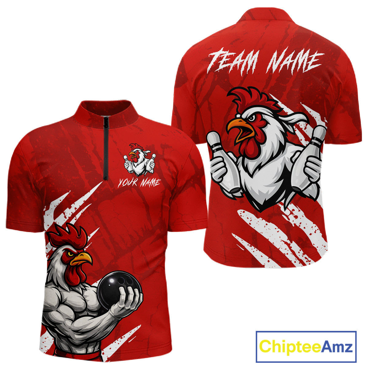 Custom White And Red Funny Rooster Bowling Polo & 1/4-Zip Team Shirts For Men Bowling Gifts NYN2721