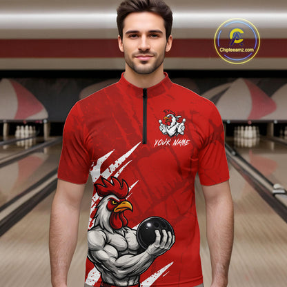 Custom White And Red Funny Rooster Bowling Polo & 1/4-Zip Team Shirts For Men Bowling Gifts NYN2721
